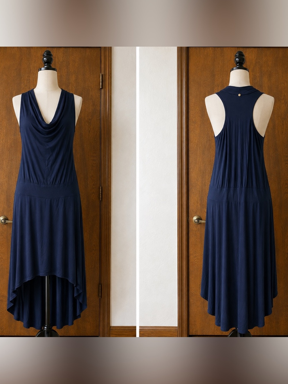 Trina Turk Navy Cowl Neck High Low Maxi Dress Size Small Sleeveless formal